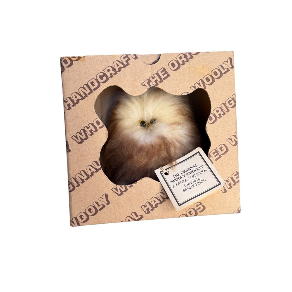 Vintage Wooly Whooos Shearling Owl Figurine on Wood 70's Retro Sandy Finch 8 in